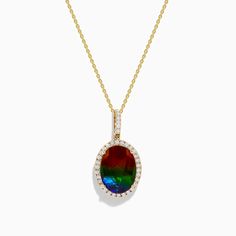 14K Yellow Gold Ammolite and Diamond Pendant Luxury Multicolor Oval Pendant Jewelry, Effy Jewelry, Gold Yellow, Diamond Pendant, Round Diamonds, Yellow Gold, Pendant Necklace, Stone, Pendant