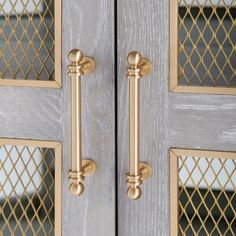 a close up of a wooden door with metal handles