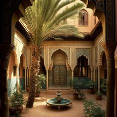 an outdoor courtyard with a fountain and palm tree