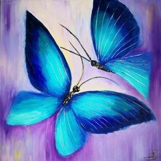 a painting of two blue butterflies on a purple background