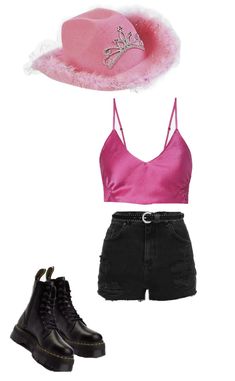 two pieces of clothing including a pink hat and black shorts