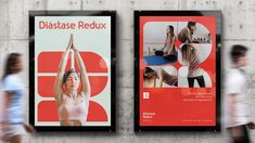 two posters on the side of a building with people walking past them and one has a woman doing yoga