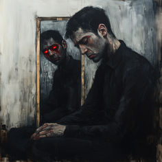 a painting of two men with red eyes and blood on their faces sitting in front of a mirror