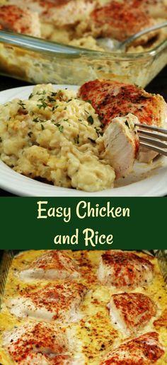 chicken and rice casserole is shown in two different pictures