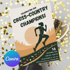 a book with the title celebrating our cross - country championships on it next to some gold stars