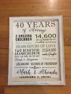 a sign that is on the side of a wooden wall saying 40 years of marriage