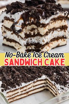 no - bake ice cream sandwich cake on a plate with the words, no - bake ice cream sandwich cake