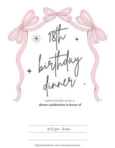 a birthday party card with pink bows and stars on the front, in black ink