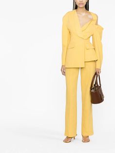 Jacquemus Baska Asymmetric Blazer - Farfetch Jacquemus Blazer, Jacquemus Yellow, Bead Embellishment, Yellow Blazer, Sunflower Yellow, Tailored Design, Asymmetrical Design, Flap Pocket, Linen Blend