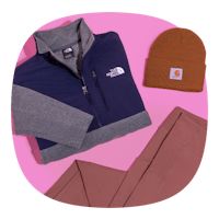 the north face clothing is laid out on a pink and white background with a beanie