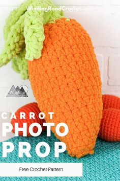 two crocheted carrots sitting next to each other with the text carrot photo prop