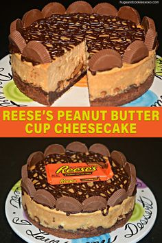 there is a peanut butter cup cheesecake on the plate and it's cut in half