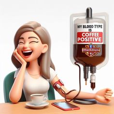 a cartoon character sitting at a desk with a coffee cup in front of her and a blood pressure monitor on the table