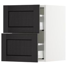 two black and white cabinets with one door open to reveal the lower section of the cabinet