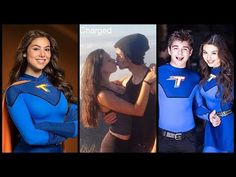 three pictures of people in blue costumes and one has her arms around the woman's chest