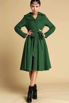 Flared Jacket, Women Wool Coat, Green Winter Coat, Green Wool Coat, Winter Coat Women, Womens Dress Coats, Princess Coat, Tailored Clothes, Wool Winter Coat