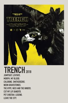 a poster with an image of a bird on it's back and the words, trench