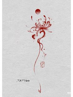 a red ink drawing of a flower with the word tattoo on it's side