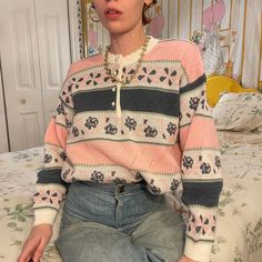 1980s neon granny core pastel made in canada sweater! this is made of 100% acrylic and is very intricately knit. The collar and closure feature some lettuce edges and the pattern is a sweet floral pattern! The colors are a 80s dream, pastel pink, grey, white with touches of green!  Pair with your favourite high-waisted ligh wash pleated jeans and some tall boot heels for a 80s princess diana look! NOTE: there is a small pink mark on the first pearl button! Measurements in Inches:  Length: 24 Chest: 38-48   Tags: 80s vintage, 1980s vintage, neon, pastel cableknit, grannycore, cottage core, long sleeve, crewneck sweater, vintage 80s sweater, granny, cottage core, crewneck, long sleeve, cableknit #princessdiana #80s #pastel #grannycore #vintage Granny Core Aesthetic Outfits, 80s Sweater Outfit, Neon Outfits Aesthetic, Granny Core Aesthetic, Grandma Sweater Outfit, Grannycore Fashion, Grandma Outfit Aesthetic, Grandma Core Outfit, Granny Cottage