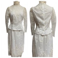 RARE 1950’s Pin-up Handmade Bridal Wedding Dress Skirt Suit SetAbsolutely stunning set custom made by Frances Heffernan! 1940’s / 1950’s. Would be the PERFECT wedding / bridal / elopement / rehearsal/ reception / courthouse dress for any vixen. It even already has a little something blue bow stitched into the inside *swoon*! Gorgeous dainty scalloped lace mock neck. (Neck portion and sleeves are semi sheer.) High waisted A-line pencil skirt with scalloped hem. Floral embroidery. Lovely pearlescent button back closure. Skirt is clasp and zip closure. In excellent condition for its age. Has some wear in the form of slight discoloration, and some small spots here and there. They’re all really small, and truly not even noticable on overall. Zoomed in on the photos. Haven’t tried to spot clean, Courthouse Dress, Wedding Dress Skirt, Bridal Wedding Dress, Skirt Suit Set, Vintage Pin Up, Vintage Pinup, Blue Bow, Bridal Wedding Dresses, Scalloped Lace