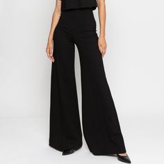 Black Ponte Knit Wide Leg Pant Trendy High Rise Wide Leg Workwear Pants, Chic Wide-leg Pants With Wide Waistband, Modern Wide Leg Party Bottoms, Elegant High-rise Wide Leg Pants For Workwear, Elegant High Waist Wide Leg Elastane Pants, Versatile Wide Leg Pants With 4-way Stretch For Fall, Versatile Wide Leg Dress Pants With 4-way Stretch, Versatile Wide-leg Dress Pants With 4-way Stretch, Modern Wide-leg Evening Pants