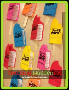 colorful popsicles with writing on them are hanging from a bulletin board that says teaching maden easy