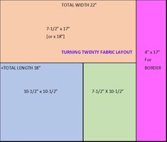 four different colored squares with numbers and measurements