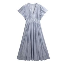 Women's Cotton and Linen Dress Striped Print V-Neck Flare Sleeve France Style Dress Blue V-neck Dress With Surplice Neckline For Summer, Chic Blue V-neck Midi Dress, Beach V-neck Pleated Dress, Light Blue V-neck Midi Dress, Pleated V-neck Summer Dress, Pleated V-neck Maxi Dress For Brunch, V-neck Pleated Maxi Dress For Brunch, Blue V-neck Maxi Dress For Daywear, Blue V-neck Dress