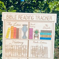 a hand holding up a sign that says bible reading tracker with bookshelves in the background