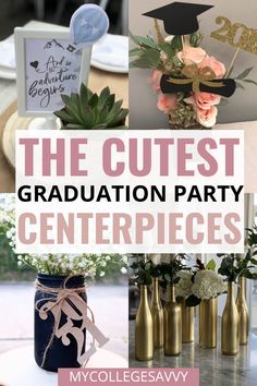 The cutest graduation party centerpieces High School Graduation Centerpieces, Graduation Party Table Centerpieces, Graduation Party Table Decorations, Centerpieces Graduation, Grad Party Centerpieces, Graduation Table Centerpieces, Graduation Centerpieces