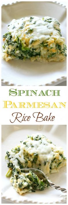 spinach and parmesan rice bake on a white plate with a fork