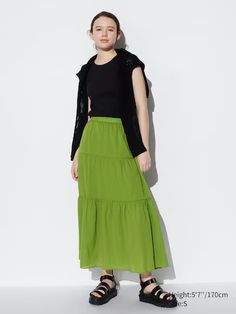 Crinkle Cotton Tiered Skirt | UNIQLO US Korean Skirts, Skirt Flowy, Skirt Korean, Skirts Flowy, Drawstring Skirt, Crinkle Cotton, Styling Ideas, Tier Skirt, Crepe Fabric