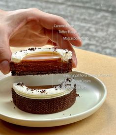 a person is holding a piece of cake on a plate