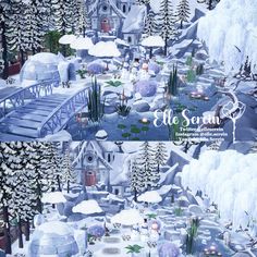 two different views of a winter wonderland with snow covered trees and ice - like buildings