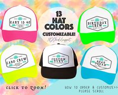 Please read below on ordering instructions: >>HOW TO ORDER: 1. Select number of hats.  2. Put colors & text you want on hats in the personalization section- see first photo for text options! 3. Add all to cart! >>PROOFS: STRICT POLICY- sorry no proofs, the order will look like the main first photo just with your information. >>SHIPPING: FREE SHIPPING ON 35$ OR MORE DISCOUNT AUTOMATICALLY APPLIED AT CHECKOUT NO COUPON CODE NEEDED Please Read- Shipping Information: USPS has had budget cuts and are Customizable Summer Hats For Birthday, Customizable Summer Birthday Hats, Customizable Summer Hats For Birthdays, Multicolor Birthday Cap Hat, Multicolor Cap For Birthday, Multicolor Birthday Cap, Adjustable Multicolor Hat For Birthday, Bachelorette Hats, Birthday Hats