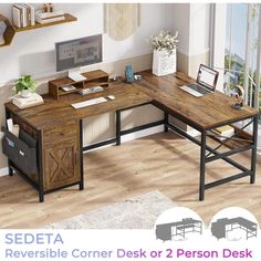 a computer desk sitting on top of a hard wood floor next to a wooden shelf