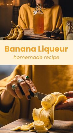 a woman cutting up bananas on top of a wooden table next to a jar of liquid