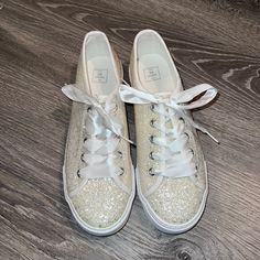 Brand New - Never Worn David's Bridal Sparkle Glitter Sneakers Size 8 Purchased For My Wedding And Winded Up Going A Different Route. They Were Delivered Like This, Without A Box. (There Was A Sticker On The Bottom As The Tag, But It Fell Right Off When I Received Them) Spring Glitter Lace-up Sneakers, White Glitter Lace-up Sneakers, Low-top Party Sneakers With Laces, Spring White Glitter Sneakers, Casual White Sneakers For Party, Casual White Party Sneakers, Gold Glitter Lace-up Sneakers, White Sneakers For Spring Party, Party Sneakers With White Laces And Round Toe