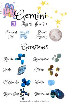 the zodiac sign for gemstones is shown in this graphic style, with stars and moon symbols