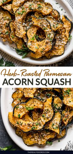 baked parmesan acorn squash on a white platter with the title above it