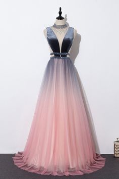 Long Party Gowns, Prom Dress Evening, Shiny Dresses, Blue Evening Dresses, Beaded Prom Dress, Pink Tulle, Chromatic Aberration, Dress Evening