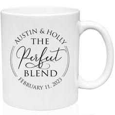 Product: 11 oz. Vitrified Ceramic Coffee Mugs with a one color "The Perfect Blend" design for your wedding favors - we are also happy to create custom designs if you have something unique in mind! Email us at graphics.leskoent@windstream.net with your ideas! *due to manufacturing, the shade of the almond mugs may differ. ** As seen on buzzfeed: https://www.buzzfeed.com/hbraga/cheap-and-clever-wedding-favors-you-can-buy-in-bulk Imprint Area: 2.5" Wide x 2" HighProduct Dimensions: 4.5" Wide from w Coffee Mug Wedding Favors, Wedding Coffee Cups, Fall Wedding Favors, Cup Favors Wedding, Wedding Luncheon, Wedding Coffee, Winter Wedding Favors, Coffee Wedding, Wedding Favors Fall