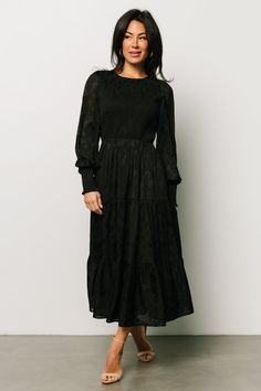 Stockholm Smocked Dress | Black - Baltic Born Tea Length Dress With Boots, Black Satin Dress With Sleeves, Modest Black Dress Classy, Jewish Modest Fashion, Casual Dresses For Fall, Formal Dresses For Women Wedding, Family Photo Dress, Deep V Maxi Dress, Midi Long Sleeve Dress