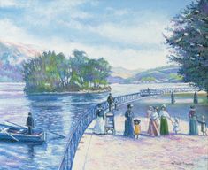 a painting of people standing on the side of a river next to a pier with a boat