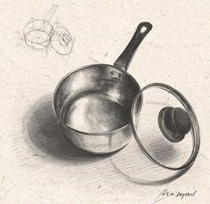 a pencil drawing of two pans and a spatula