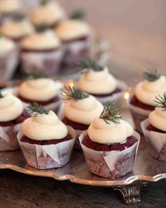 small cupcakes with white frosting and sprigs are on a silver platter