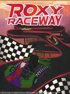 the cover to roxy raceway, featuring a racing car and checkered flag on it