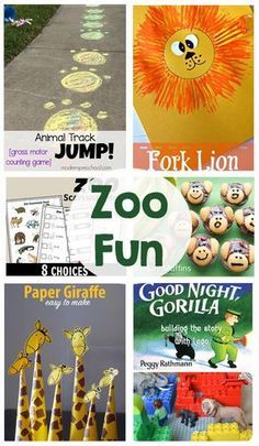 several books about zoo animals and their names are shown in this collage with the words zoo fun on them