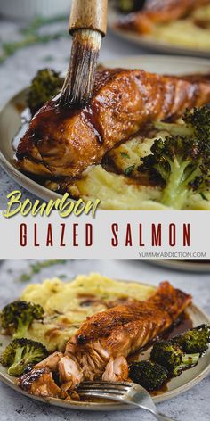 this is an image of salmon and broccoli on a plate with the title bourbon glazed salmon