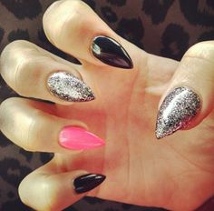 Pink black and glitter stilettos! #nails #stilettonails Pink Black And Silver Nails, Black Pointed Nails, Jell Nails, Stilettos Nails, Bandana Nails, Pink Stiletto Nails, Gel Nails Long, Wedding Day Nails